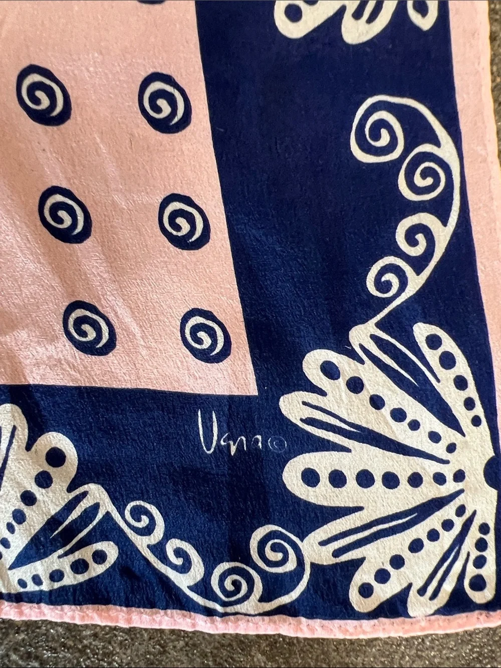 Vintage Vera Neumann  silk Oblong Scarf hand rolled pink navy floral design